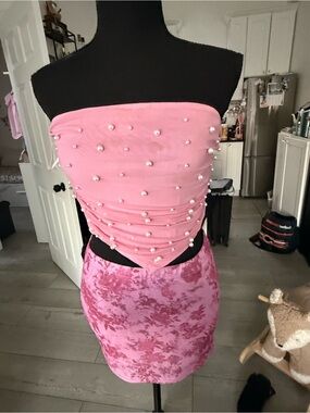 Pink Pearl-Embellished Strapless Top